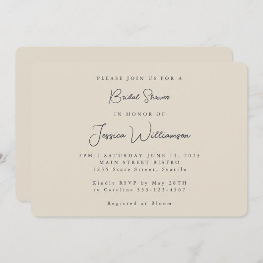 Minimalistische Kalligrafie Elfenbeinschwarzes Bra Einladung (Vorne/Hinten)