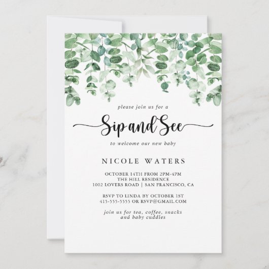 Minimalistische Kalligrafie Eukalyptus Sip und Sie Einladung (Vorderseite)