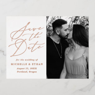 Minimalistische Kalligrafie-Foto-Save-the-Date-Kar Folie Einladungspostkarte