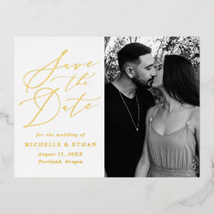 Minimalistische Kalligrafie-Foto-Save-the-Date-Kar Folie Einladungspostkarte
