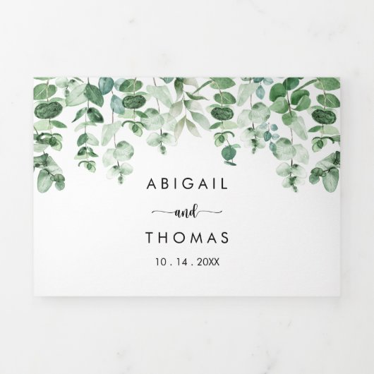 Minimalistische Kalligrafie-Grüne Eukalyptus-Hochz Dreifach Gefaltete Einladung (Cover)
