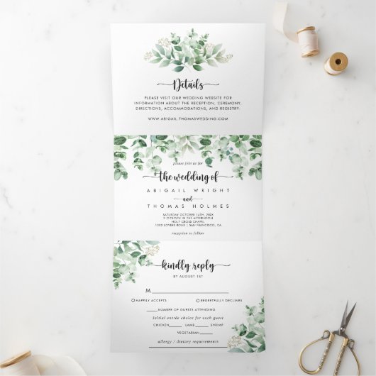 Minimalistische Kalligrafie-Grüne Eukalyptus-Hochz Dreifach Gefaltete Einladung (Innenseite)