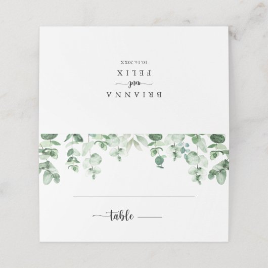 Minimalistische Kalligrafie-Grüne Eukalyptus-Hochz Platzkarte (Außenseite Aufgefaltet)