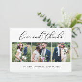 Minimalistische Kalligrafie Hochzeit 3 Fotos Liebe Dankeskarte (Stehend Vorderseite)