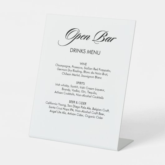 Minimalistische Kalligrafie Open Bar White Wedding Sockelschild (Vorderseite)