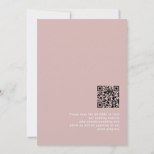 Minimalistische Kalligrafie QR Code Dusty Rose Hoc Save The Date (Rückseite)