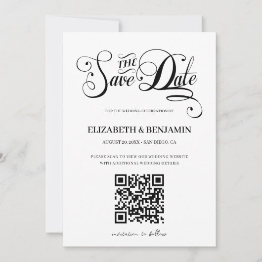 Minimalistische Kalligrafie Script QR Code 3 Foto Save The Date (Vorderseite)