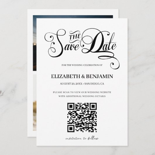 Minimalistische Kalligrafie Script QR Code 3 Foto  Save The Date (Vorne/Hinten)