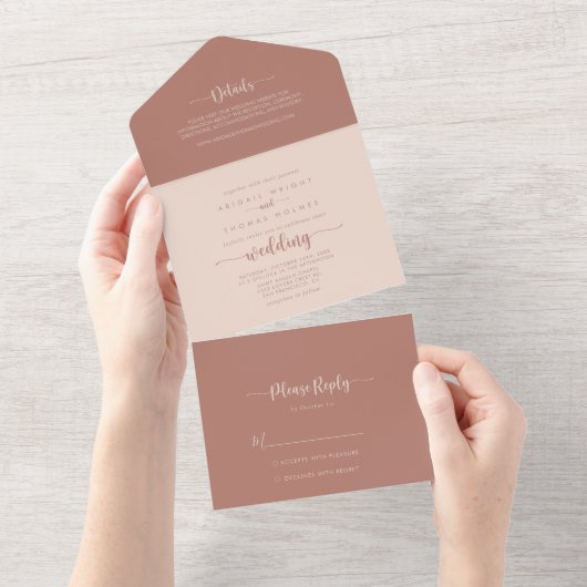Minimalistische Kalligrafie Terracotta Wedding All In One Einladung (Abreißen)