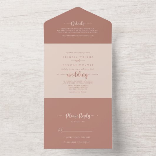 Minimalistische Kalligrafie Terracotta Wedding All In One Einladung (Innen Boden)