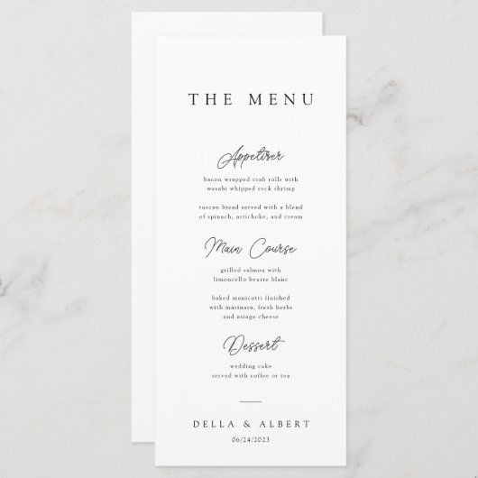 Minimalistische kalligrafische Schwarz-Weiß-Hochze Menükarte (Vorne/Hinten)