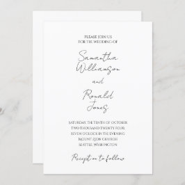 Minimalistische Kalligraphie-Hochzeit in Weiß und Einladung