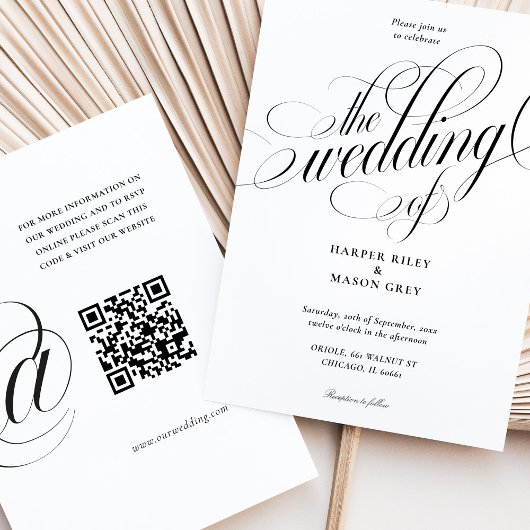 Minimalistische Kalligraphie Hochzeit mit QR-Code- Einladung
