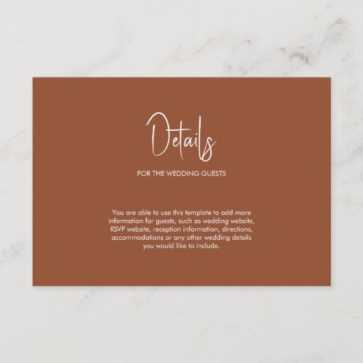 Minimalistische Kalligraphie Hochzeit Terrakotta Begleitkarte (Vorderseite)