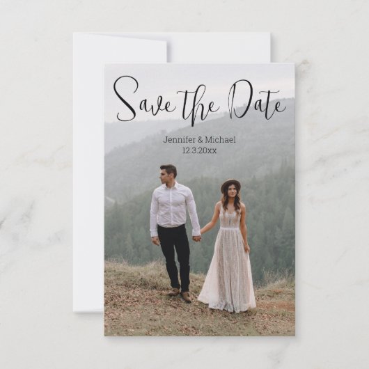 Minimalistische Kalligraphie Paar 2 Fotos qr Code Save The Date (Vorderseite)