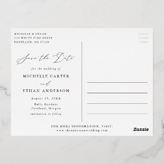 Minimalistische Kalligraphie Save the Date Folie Einladungspostkarte (Rückseite)