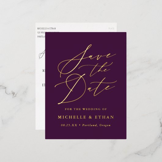 Minimalistische Kalligraphie Save the Date Folie Einladungspostkarte (Vorderseite/Rückseite)