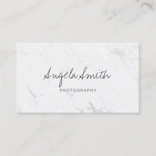 Minimalistische Kalligraphie Silberweißer Foil-Mar Visitenkarte (Vorderseite)