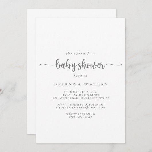 Minimalistische Kalligraphie Silver Baby Dusche Einladung (Vorne/Hinten)