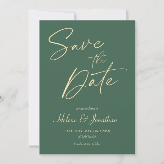 Minimalistische kalligraphische Grüne Hochzeit Save The Date (Vorderseite)