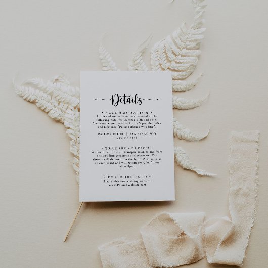 Minimalistische kalligraphische Hochzeitdetails Begleitkarte