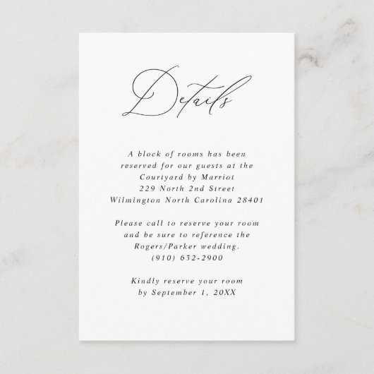 Minimalistische kalligraphische Hochzeitgastinform Begleitkarte (Vorderseite)