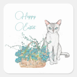 Minimalistische Katze mit Korb von Blume Ostern Quadratischer Aufkleber