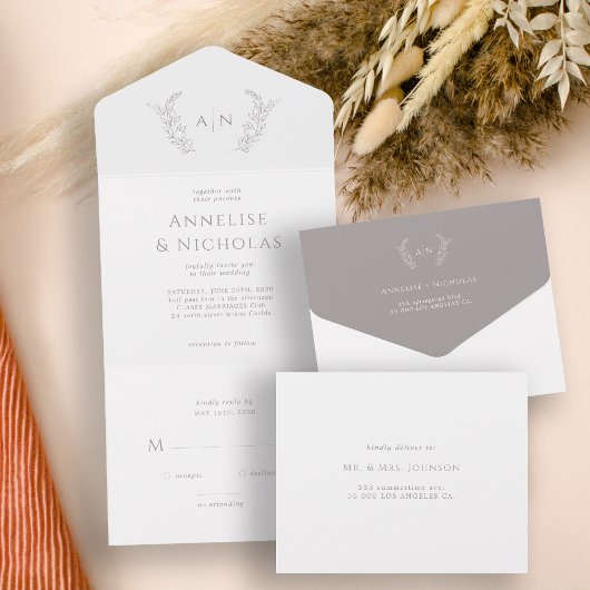 Minimalistische klassische Mono-Blatt-Hochzeit All In One Einladung