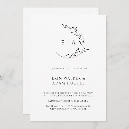Minimalistische Kleider Monogram Simple Black Wedd Einladung (Vorne/Hinten)