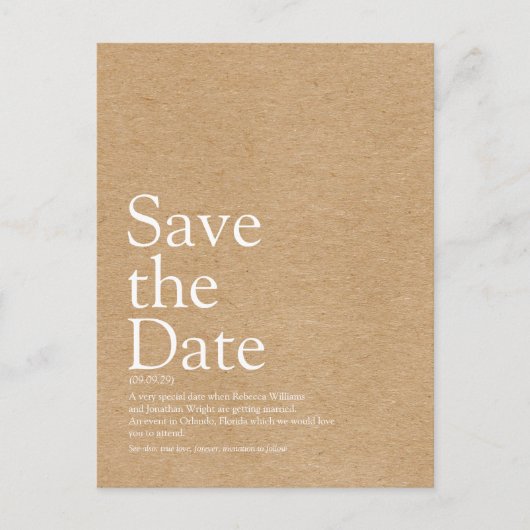 Minimalistische Kraft Save the Date Definition Ankündigungspostkarte (Vorderseite)