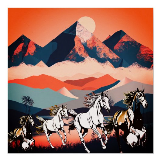 Minimalistische Landschaftsberge und Running Horse Poster (Vorderseite)