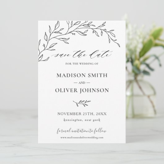 Minimalistische Laurel Branch Leafy Save the Date Einladung (Stehend Vorderseite)