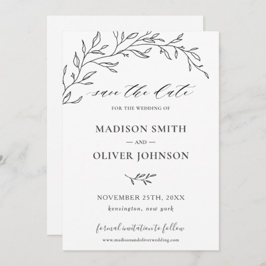 Minimalistische Laurel Branch Leafy Save the Date Einladung (Vorne/Hinten)