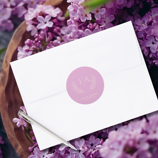 Minimalistische Lavendel-Monogramm-Hochzeit Runder Aufkleber
