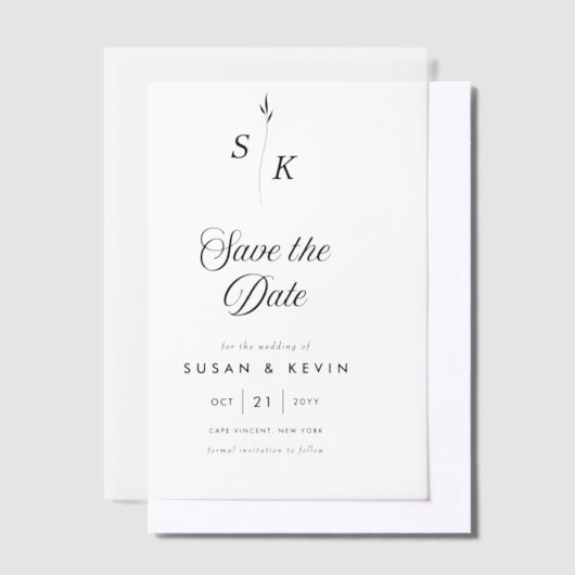 Minimalistische Leaf Monogram Wedding Save the Dat Pergament Einladungen (Versetzt)