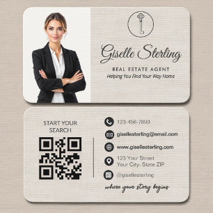 Minimalistische Leinen-Immobilien-QR-Code Visitenkarte