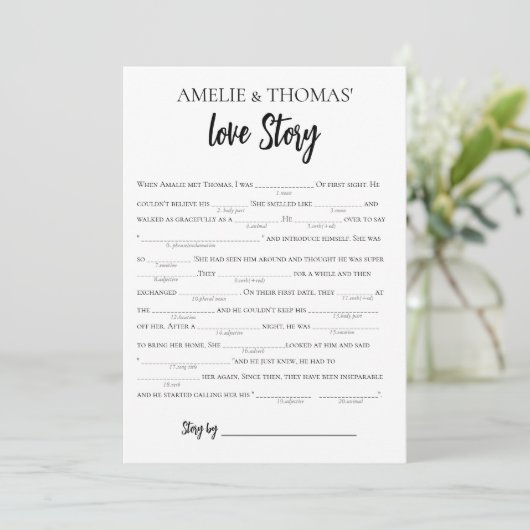 Minimalistische Liebe Story Bridal Libs Game Card Einladung (Stehend Vorderseite)