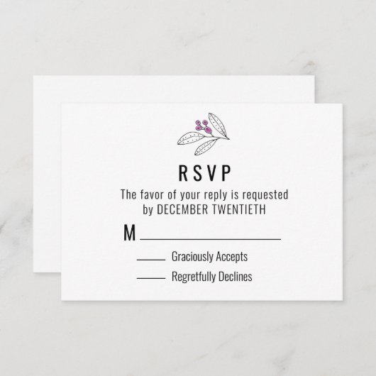 Minimalistische Lila Berries Blätter Hochzeitsszen RSVP Karte (Vorne/Hinten)