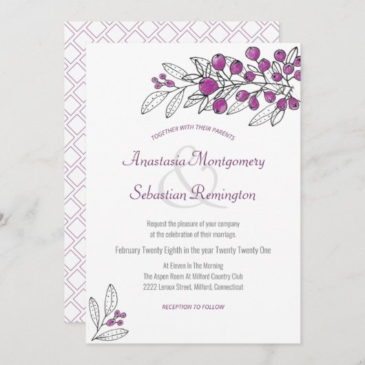 Minimalistische Lila Berry Leaf Einladung zur Hoch (Vorne/Hinten)