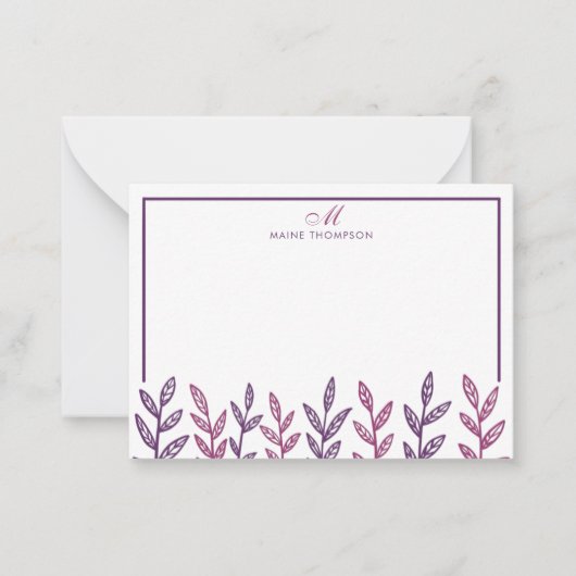 Minimalistische Lila Blätter Script Monogram Note Mitteilungskarte (Vorderseite)