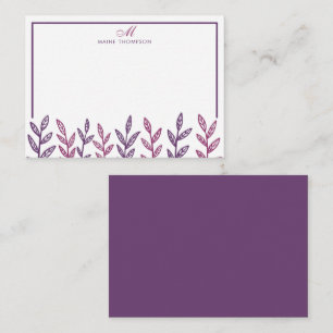 Minimalistische Lila Blätter Script Monogram Note  Mitteilungskarte