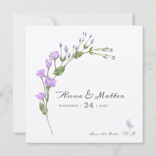Minimalistische lila florale Wohnung Save the Date (Vorderseite)
