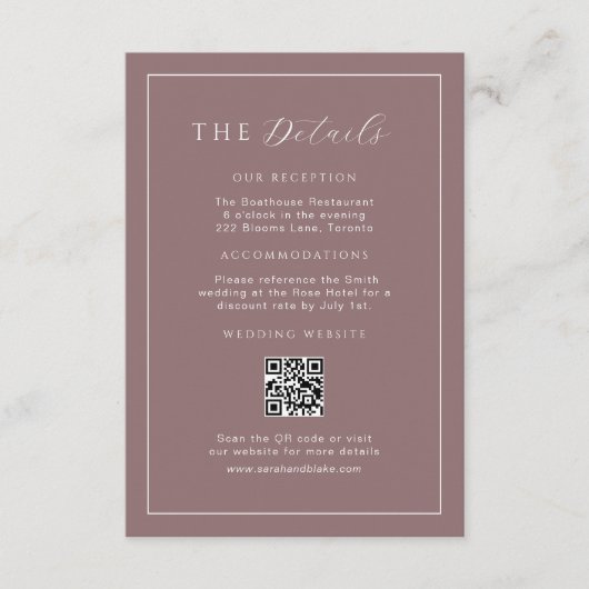 Minimalistische Lila Hochzeitdetails QR-Code einfü Begleitkarte (Vorderseite)