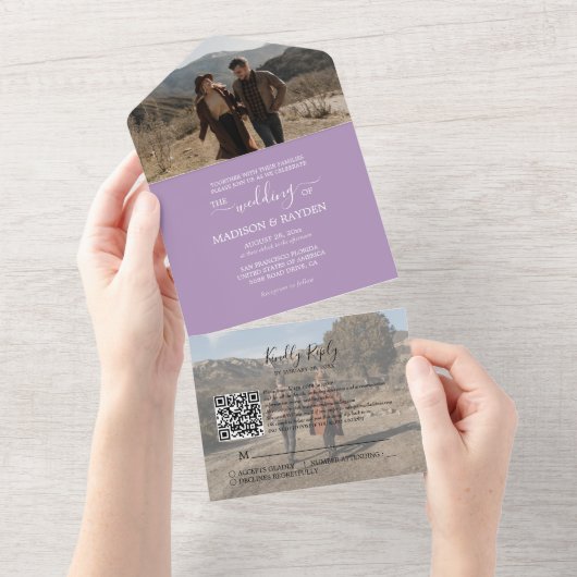Minimalistische Lila Lavendel QR Code UAWG Wedding All In One Einladung (Abreißen)