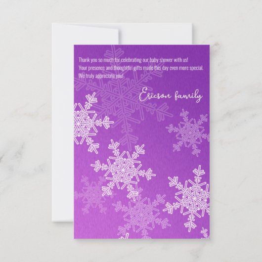 Minimalistische Lila Schneeflocken Babydusche Dank Dankeskarte (Rückseite)