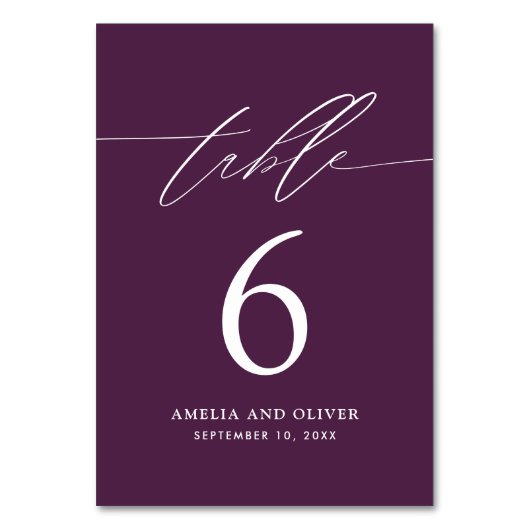 Minimalistische Lila Script-Tischnummer Tischnummer (Vorderseite)