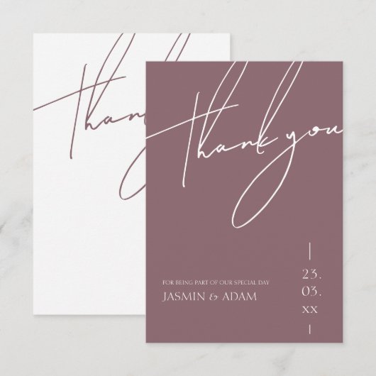 Minimalistische Lila Script-Typografie-Hochzeit Dankeskarte (Vorne/Hinten)