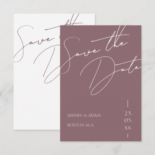 Minimalistische Lila Script-Typografie-Hochzeit Save The Date (Vorne/Hinten)