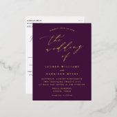 Minimalistische Lila und Goldkalligraphie-Hochzeit Folie Einladungspostkarte (Vorderseite/Rückseite)
