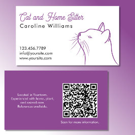 Minimalistische lila weiße Katzenillustration QR-C Visitenkarte